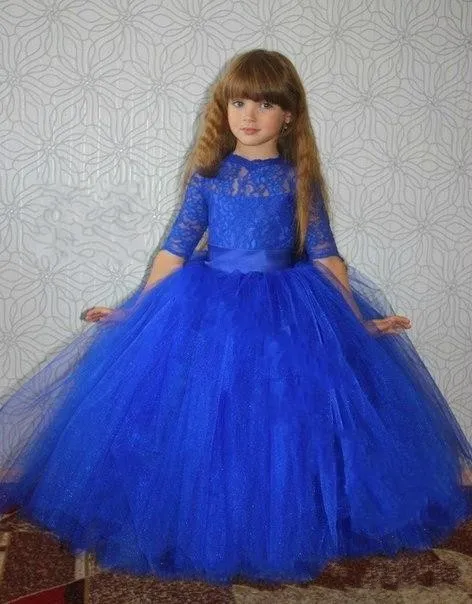 Royal Blue Half Lace Sleeves Girls Pageant Dresses 2016 Stain Knee Length Flower Girls Dresses with Detachable Tulle Skirt
