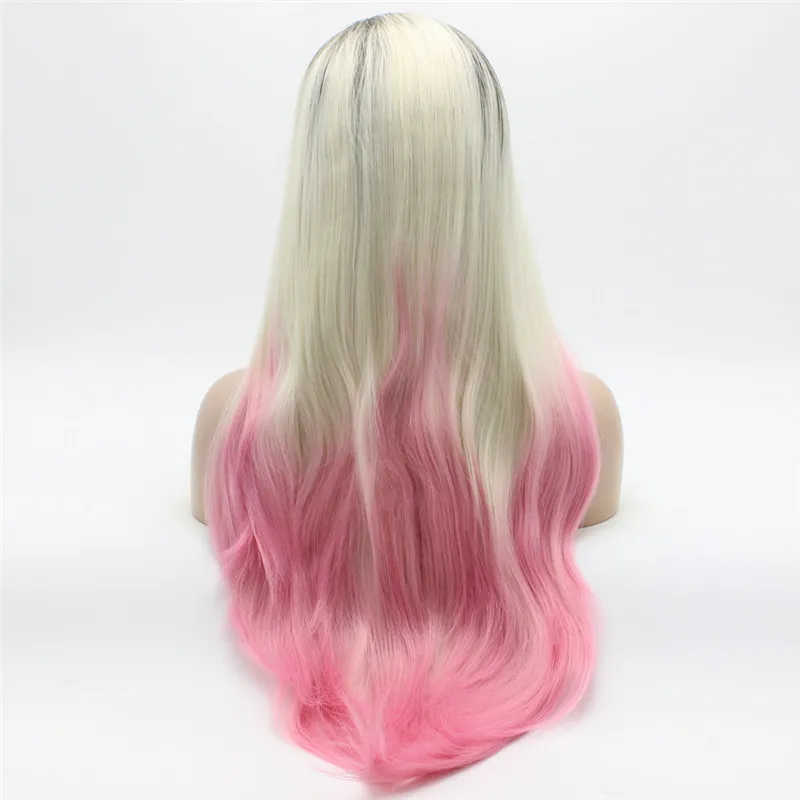 Iwona Hair Straight Extra Long Dark Root Light Blonde Pink Ombre Wig 22#1/60/3100B Half Hand Tied Heat Resistant Synthetic Lace Front Wigs