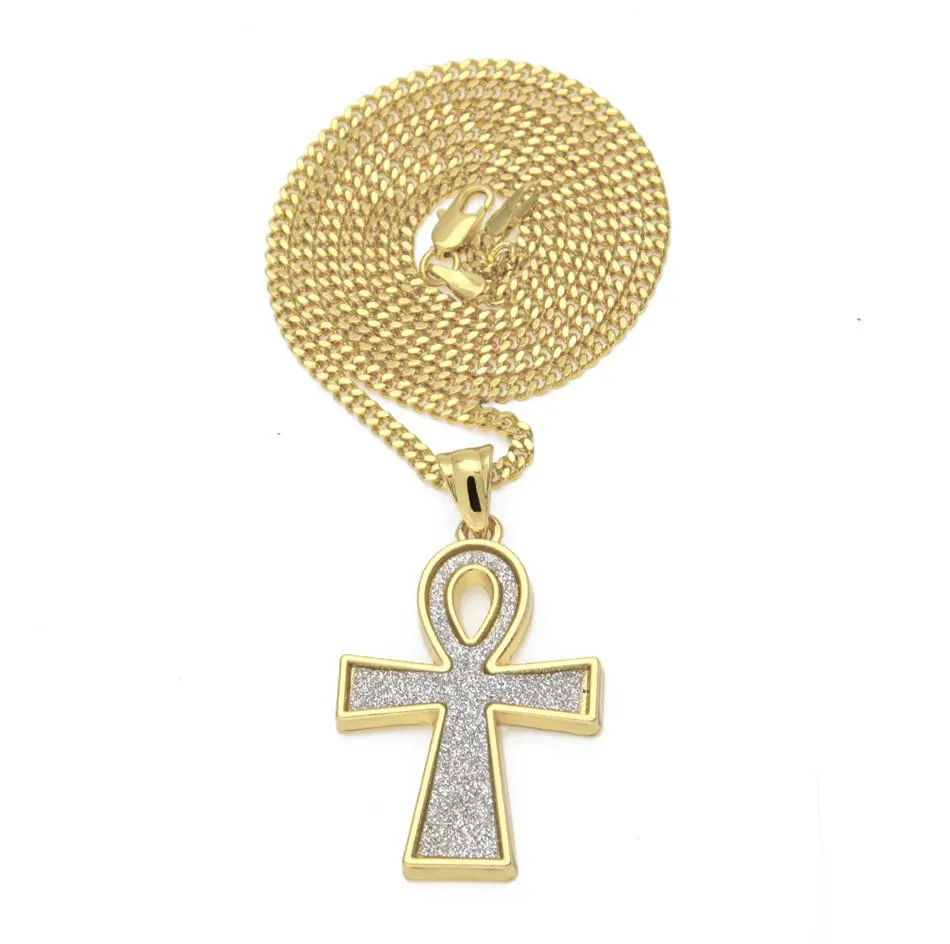 Iced Sand Blast Pendant Gold Silver Color Egyptian Key of Life Ankh Cross Pendant Necklace Men's Hip hop Jewelry
