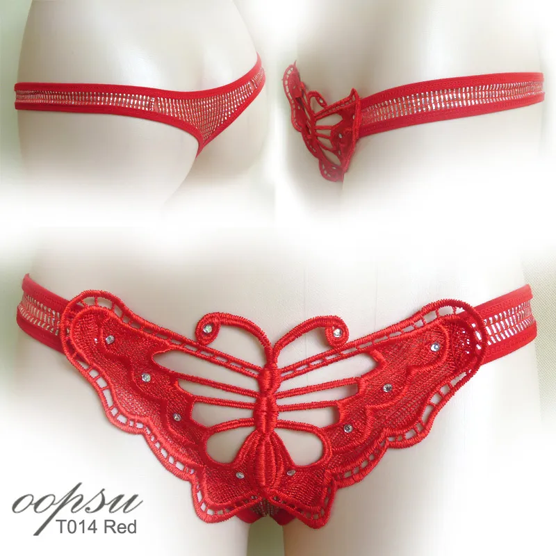 Wholesale women Sexy Lace Thongs G-string Panty Lingerie Underwear Open Crotch butterfly Hollow T014