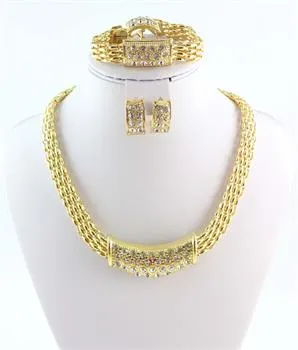 Conjuntos de Jóias Rhinestone 18K banhado a ouro africanos casamento pulseiras colar brincos anéis para as Mulheres