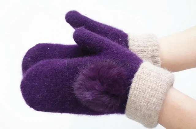 ウールの手袋暖かくて柔らかい冬の女性のミトンソリッドカラーグレースウサギの毛皮のボール二重層マッチカラー