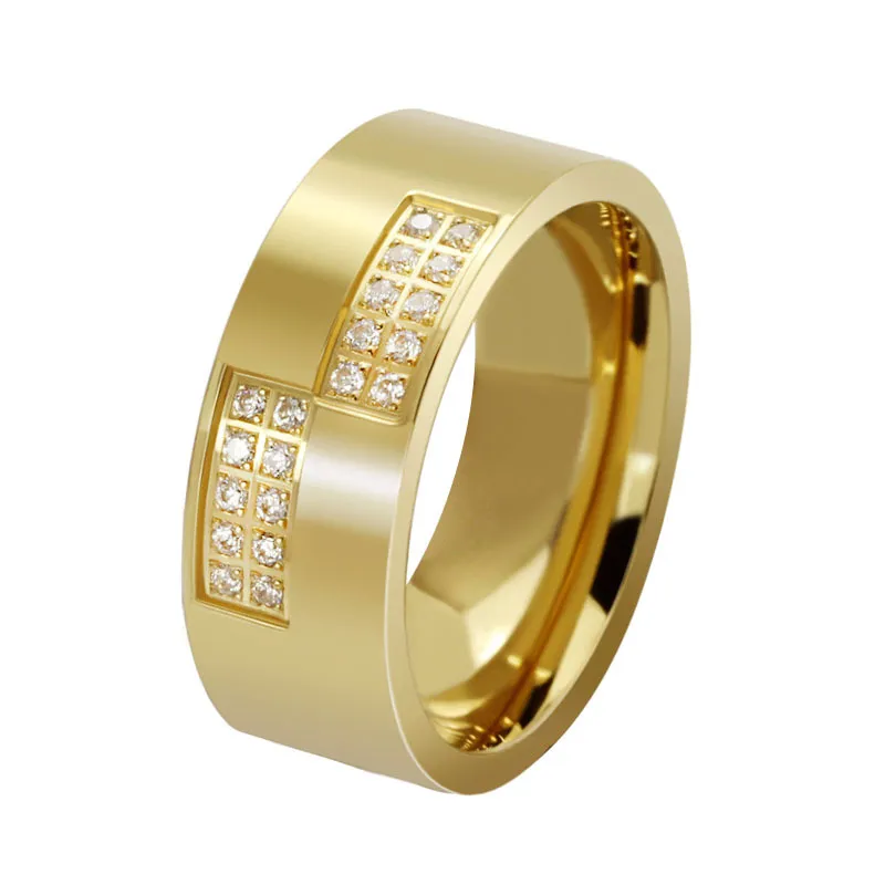 Titanium Steel Jewelry Cubic Zirconia Men Rings Fashion Finger Ring Gold 8mm Size 7-13