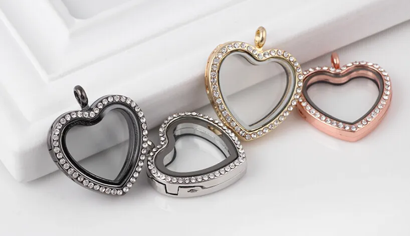 FULL Rhinestones Peach Heart Shape Glass Floating Locket Pendant Fit For Necklace Chain Making