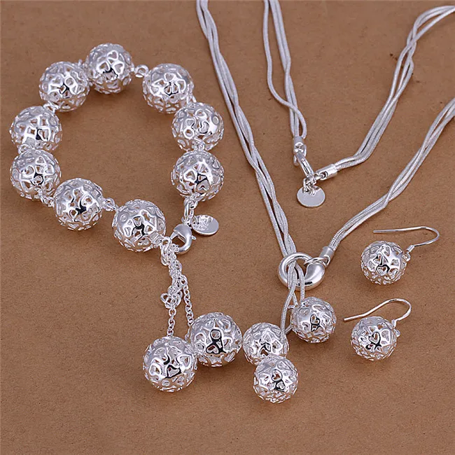 Factory price 925 sterling silver hollow ball necklace & bracelet & earrings Fashion Jewelry Set Free shipping birthday gift for woman