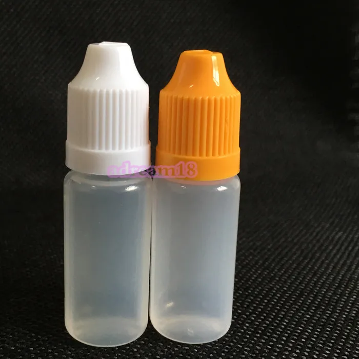PE 10 ml dropperplastflaskor barnsäker lock långt tunn spets 1/3oz e-vätska behållare