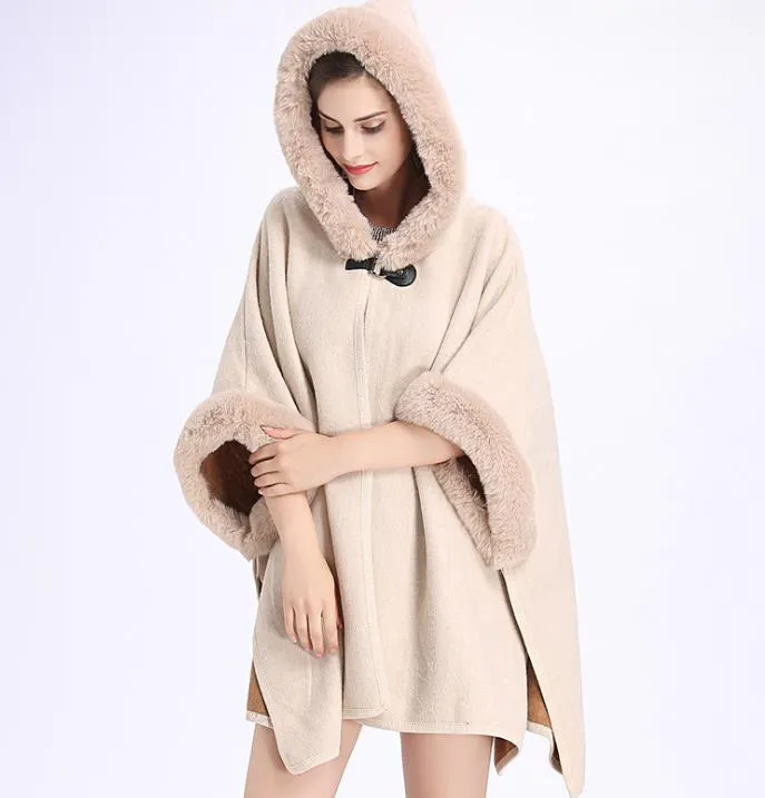 Новое осенне-зимнее женское свободное пончо с капюшоном из смеси шерсти с воротником из искусственного меха, кардиган с манжетами, шаль, накидка, плащ, верхняя одежда, пальто C3196