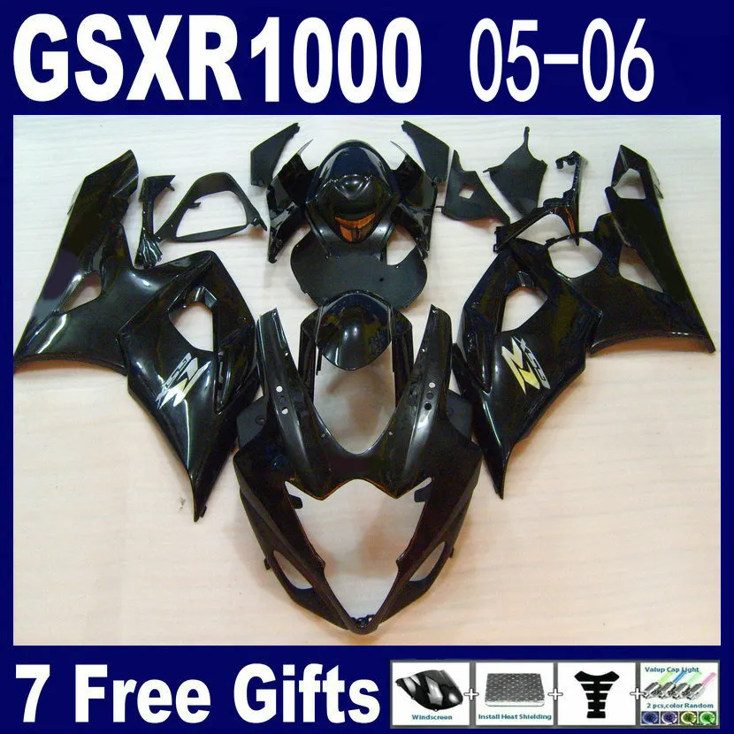 Wszystkie Gloss Black Fairings Kit na 2005 2006 SUZUKI GSXR1000 WŁAŚCICZENIA + DARMOWE SEAT COWL K5 GSXR1000 05 06 GSXR 1000 05 06 + Windscreen