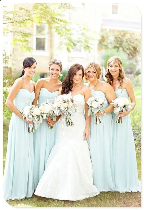 2015 Cheap Light Sky Blue Chiffon Bridesmaid Dresses Floor Length A Line Wedding Party Dresses For Bridesmaid with Pleats Homecoming Dresses