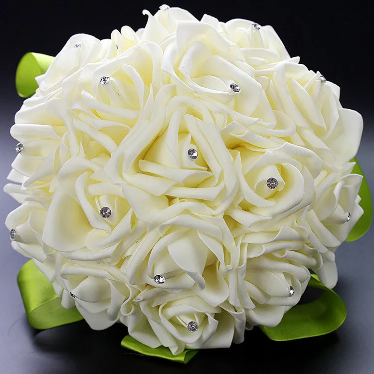 2015 Hot Bouquet da sposa da sposa Decorazione di nozze Mazzi di damigella d'onore artificiali Perline Cristallo Fiore finto Rosa Crema Verde A buon mercato