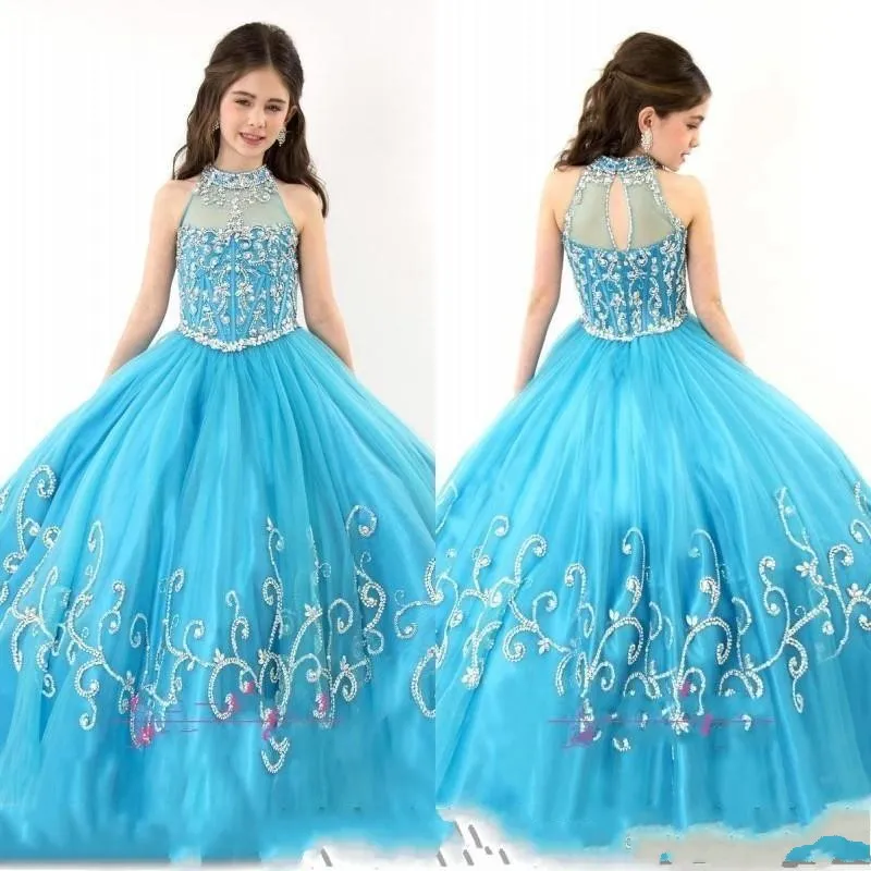 2019 New Rachel Allan Girls Pageant Vestidos Sheer High Neck Frisado Cristal Sem Mangas Bola Vestido Turquesa Tulle Flor Menina Vestidos 153