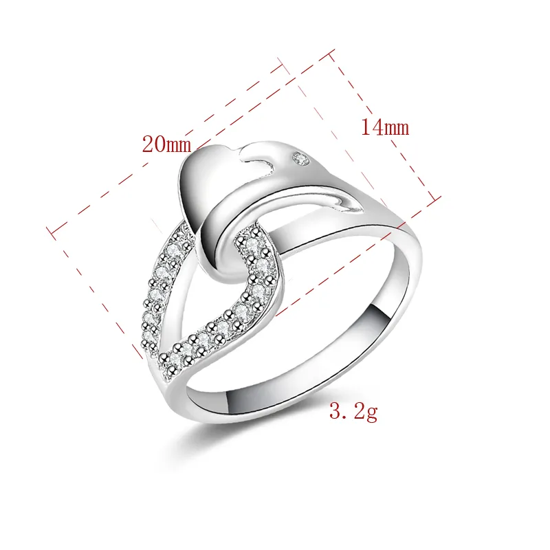 شحن مجاني جديد 925 Sterling Silver Fashion Jewelry Heart Zircon S Ring Hot Sell Girl Gift 1492