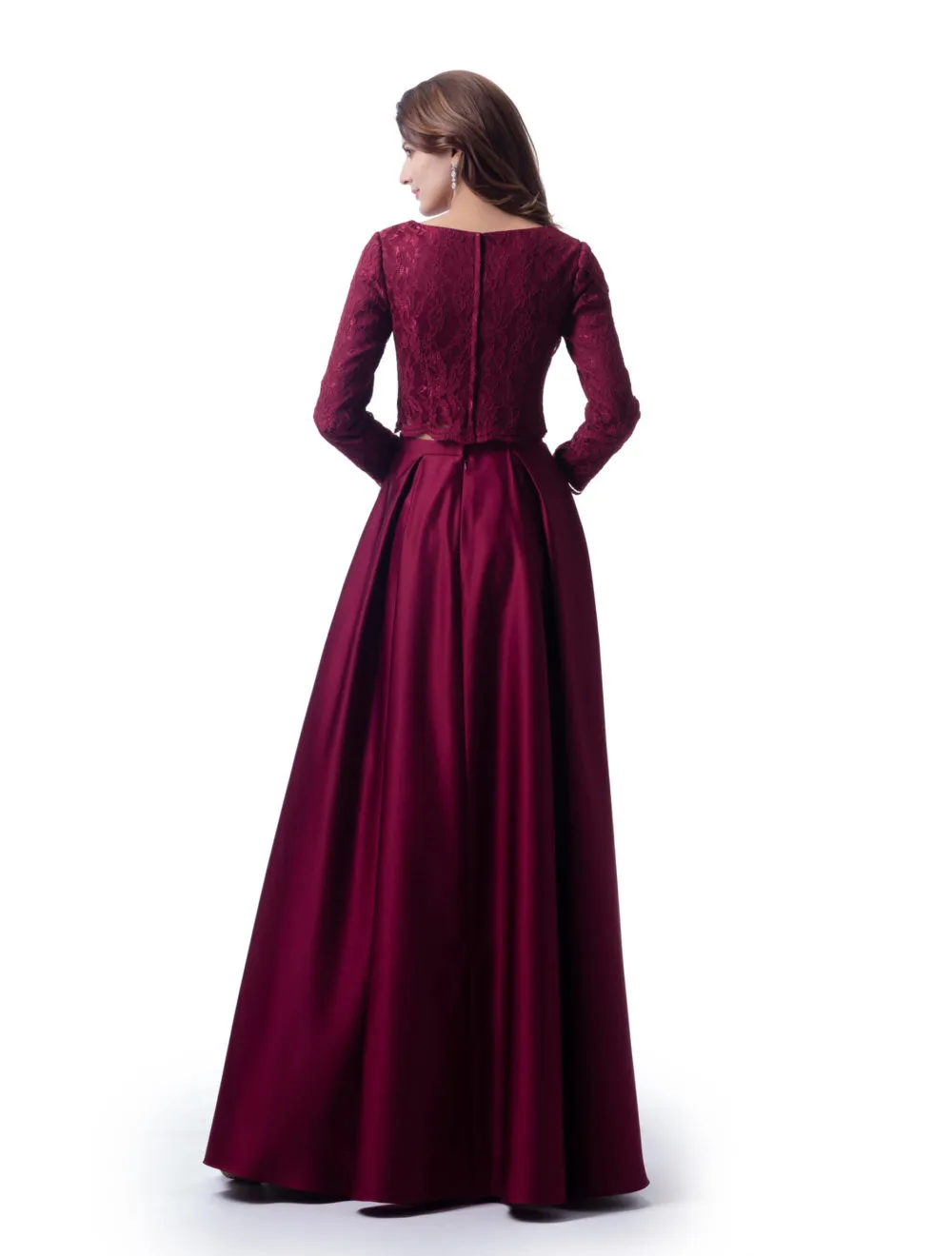 Dark Red Two-Piece Modest Bridesmaid Dress with Long Sleeve Lace Top and Satin Floor-Length Skirt with Pockets from Dhgate Bridesmaid Dress - price 82.73 Dark Red Two-Piece Modest Bridesmaid Dress with Long Sleeve Lace Top and Satin Floor-Length Skirt with Pockets from Dhgate Bridesmaid Dress - price 82.73