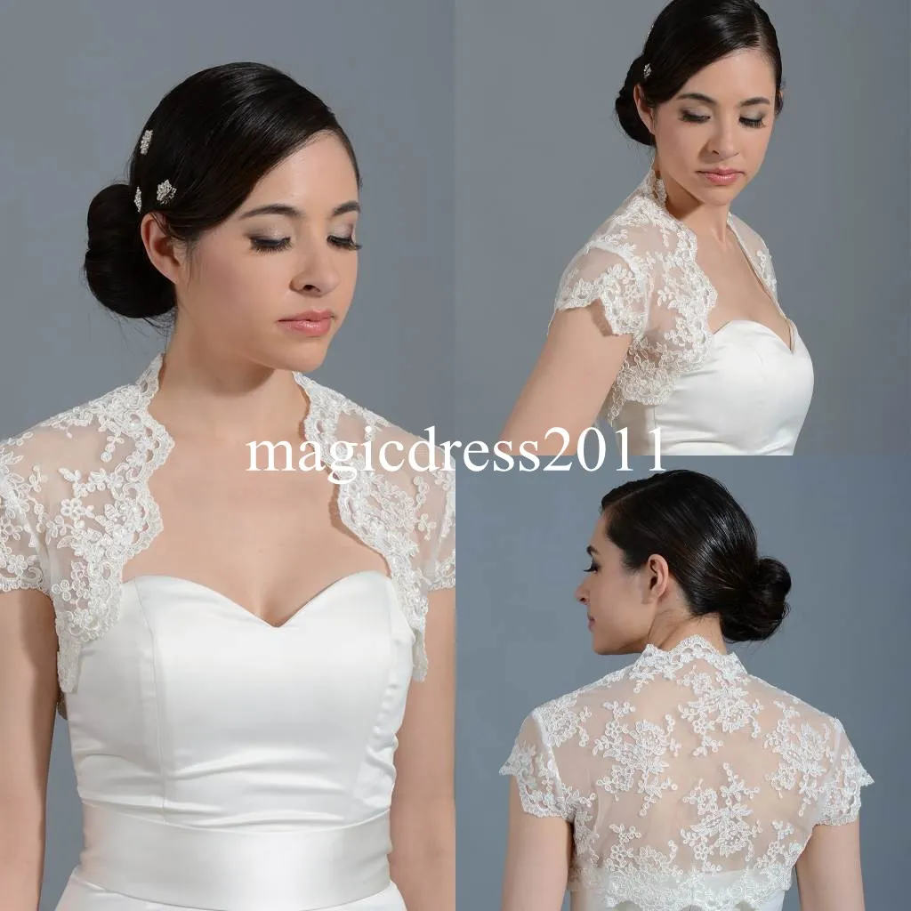 Marfim Lace High Neck Front Open BRIDAL Wraps Jackets Shawl Bolero de ombros roubados tampas de manga curta mulheres mulheres dama de honra vestido de casamento pj024 barato