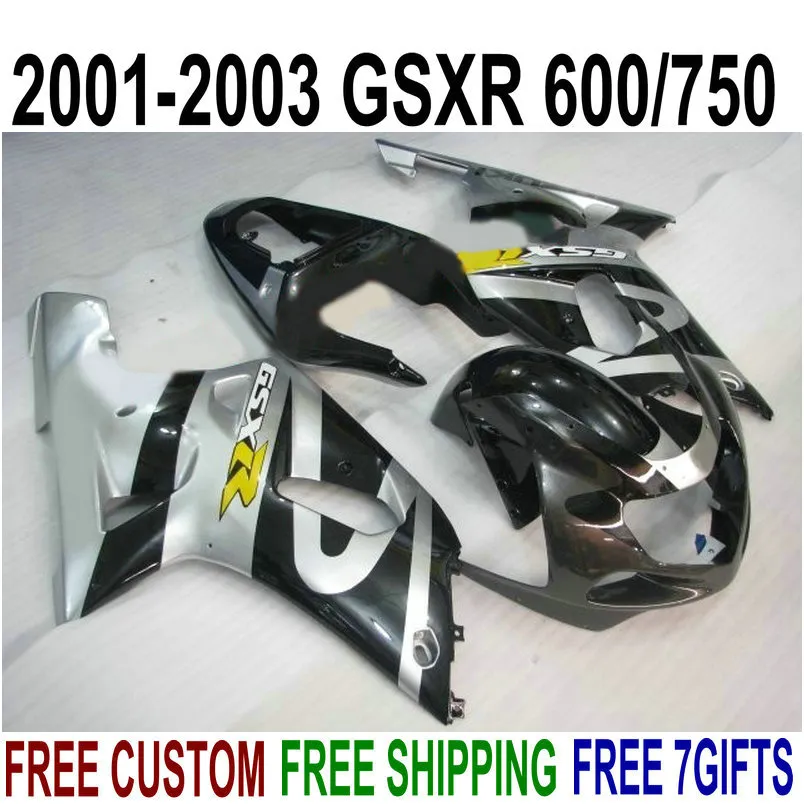 Set carenature ABS di alta qualità per SUZUKI GSX-R600 GSX-R750 2001-2003 Kit carenatura nero argento K1 GSXR 600/750 01 02 03 SK37