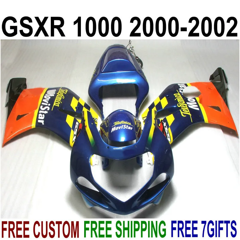 Skräddarsy Fairing Kit för Suzuki GSX-R1000 K2 2000 2001 2002 Orange Blå Movistar Fairings Set 00 01 02 GSXR 1000 Bodykits V68s