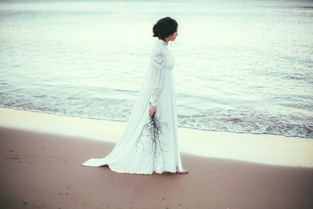 Vestido de novia musulmán de gasa de playa de manga larga con encaje cuello alto elegante Oriente Medio mujeres Casamento Vestidos hasta el suelo