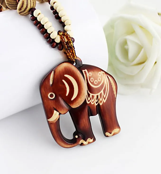 Boho-Ethno-Schmuck, lange handgemachte Perlen-Holz-Elefant-Anhänger-Maxi-Halskette für Frauen