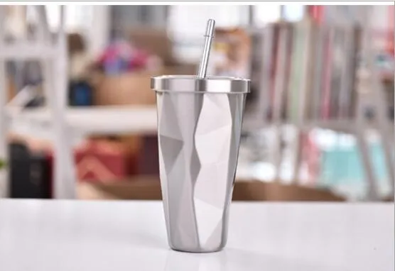 Tasse à café en acier inoxydable avec diamant dégradé de 500 ml avec couvercle avec paille Tasse à café à boire Gobelet à double paroi Tasse à paille Tasses à café de voyage