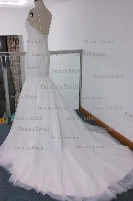 Real Image Mermaid Wedding Dress Spaghettiträger rückenfrei mit Spitzenapplikationen Kapelle Zug Brautkleider Steven Dhyz 01