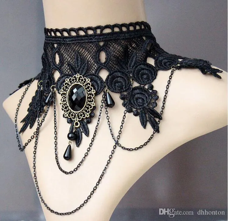 Mode kvinnor 2016 vintage handgjorda retro kort gotiska steampunk spets blomma choker halsband smycken gratis frakt