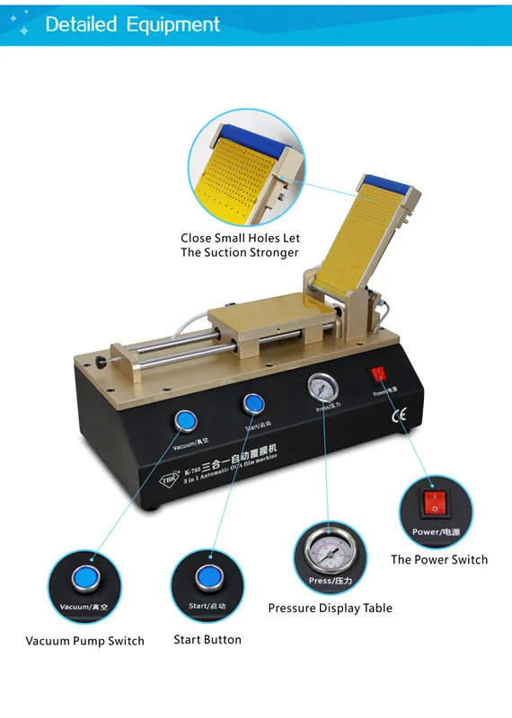 NOUVEAU TBK765 3 IN 1 Machine de stratification de film OCA Automatique Insigne de pompe à vide Compresseur LCD Scran tactile OCA Laminator2111536