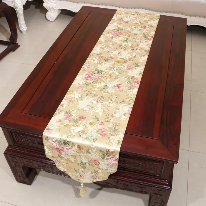 Szczęśliwa piwonia kwiat luksusowy stół biegacz moda proste jadalnie stołowe maty ochrony podkładki chiński styl jedwabny brokatowy stół herbaty tkaniny 200x33 cm