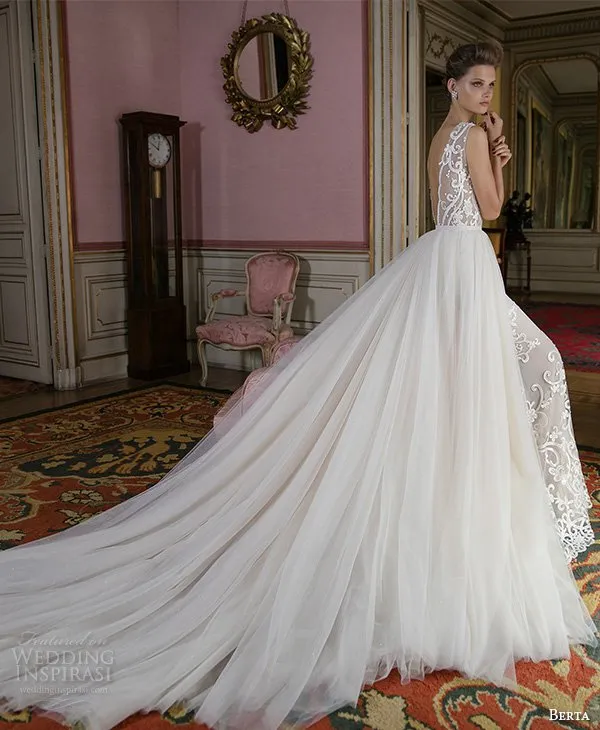 Overskirt Berta Bruids Trouwjurken Kant Formele Bruidsjurken met V-hals Backless Long Court Trein goedkope Bruidsjurken