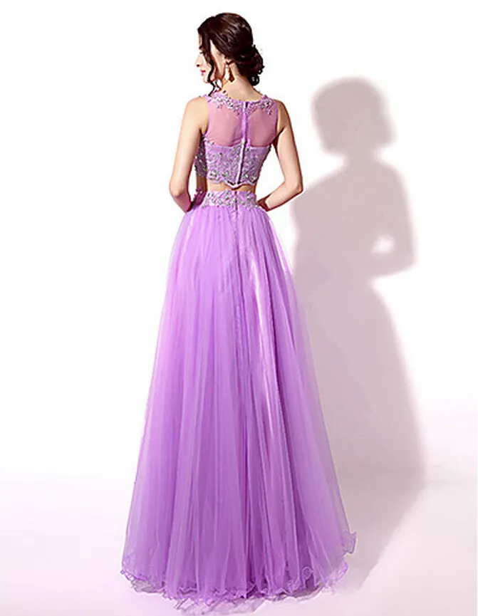 Bridesmaid Dresses Sexy Maid of Honor Bridesmaid Tulle Light Purple Formal Floor-Length Wedding Gowns Sleeveless Party Two Pieces Prom Dress