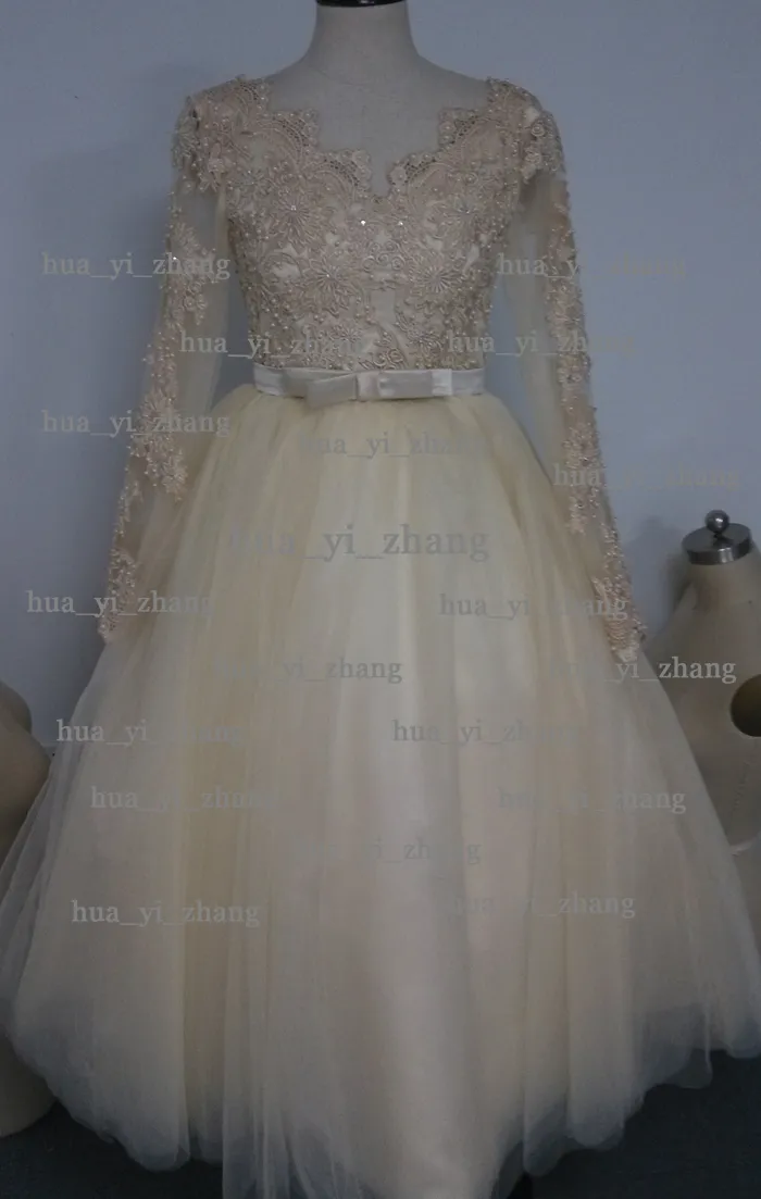 Prawdziwy obraz 2015 Prom Dresses V-Neck Koronki Aplikacje / Frezowanie / Cekiny Sheer Z Długim Rękaw Ball Suknia Tulle Szampana Suknia Wieczorowa Dhyz 01