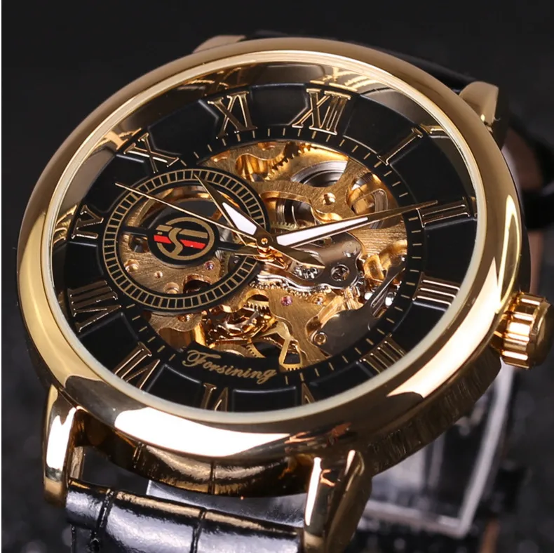 Horloges Mannen Luxe Horloge China Man's Casual Gold Dial Holle Handmatige Mechanische Lederen Band