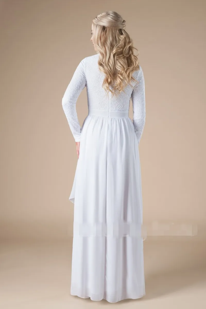 Abiti da sposa modesti con tempio in pizzo chiffon informale di nuovo design con maniche lunghe A-line fino al pavimento Abiti da sposa LDS con maniche