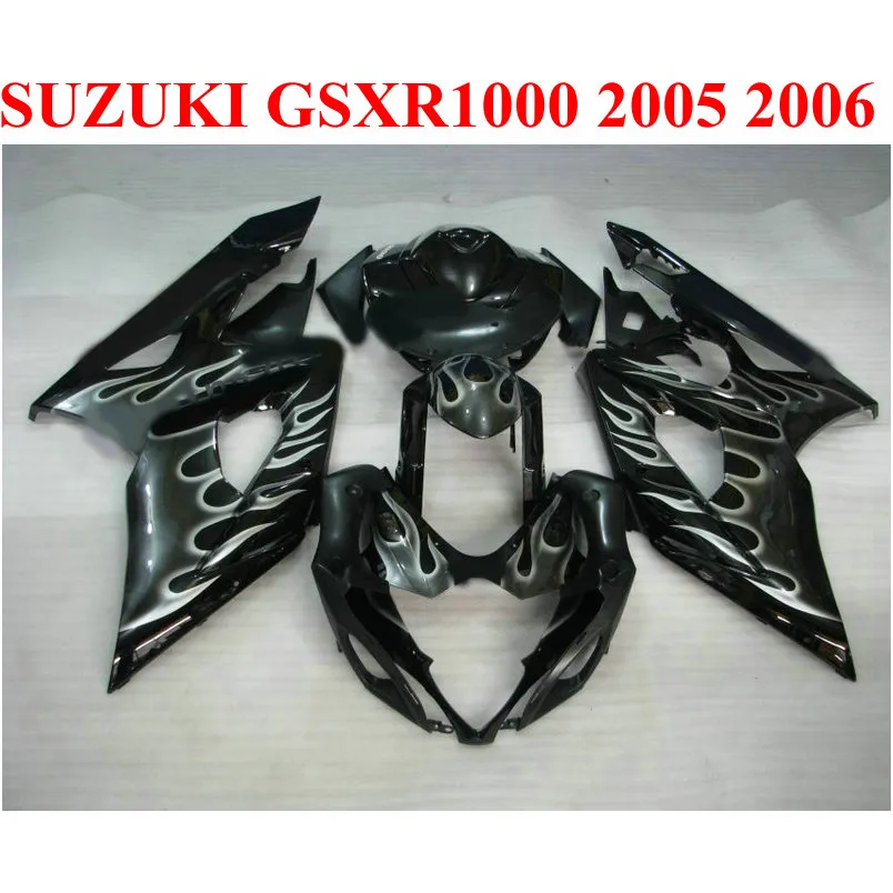 Darmowe Dostosuj Ogrodzenia Zestaw do Suzuki 2005 2006 GSXR1000 05 06 GSX-R1000 K5 K6 Białe płomienie w czarnym plastikowym ABS Zestaw do błonnika QF63