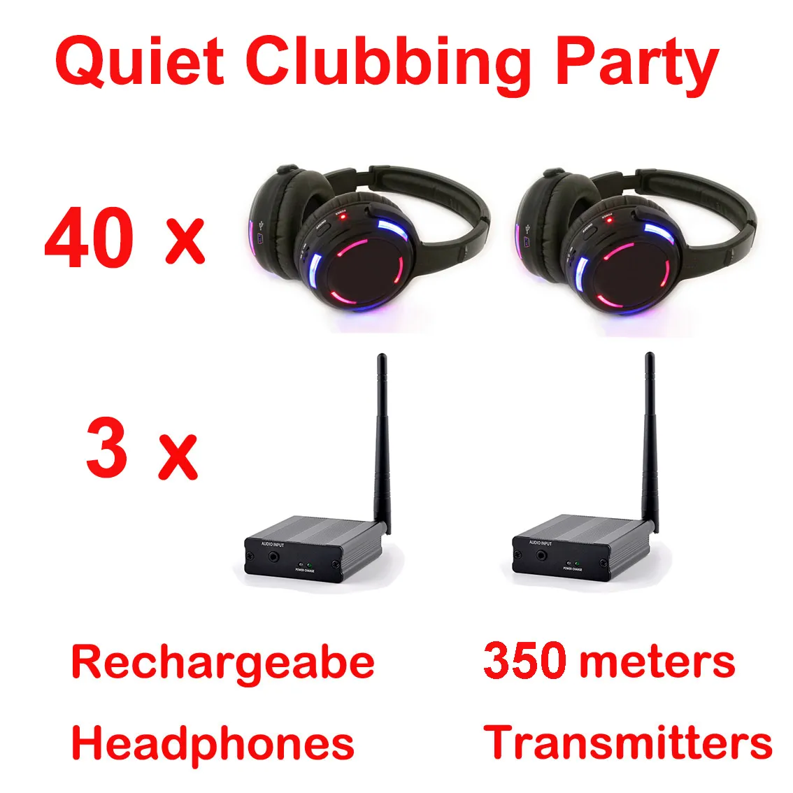 Pacote profissional de fones de ouvido Silent Disco RF com 40 fones de ouvido LED 3 canais para ipod mp3 dj music tv 500m transmissores