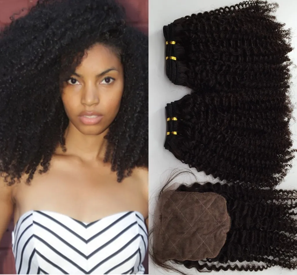 Brasilianska Kinky Curly Hair Bundlar med Silk Stängning 10-24 '' 8a Obearbetat brasiliansk Virgin Hair Curly Wavy Extension Weaves 3pcs / lot