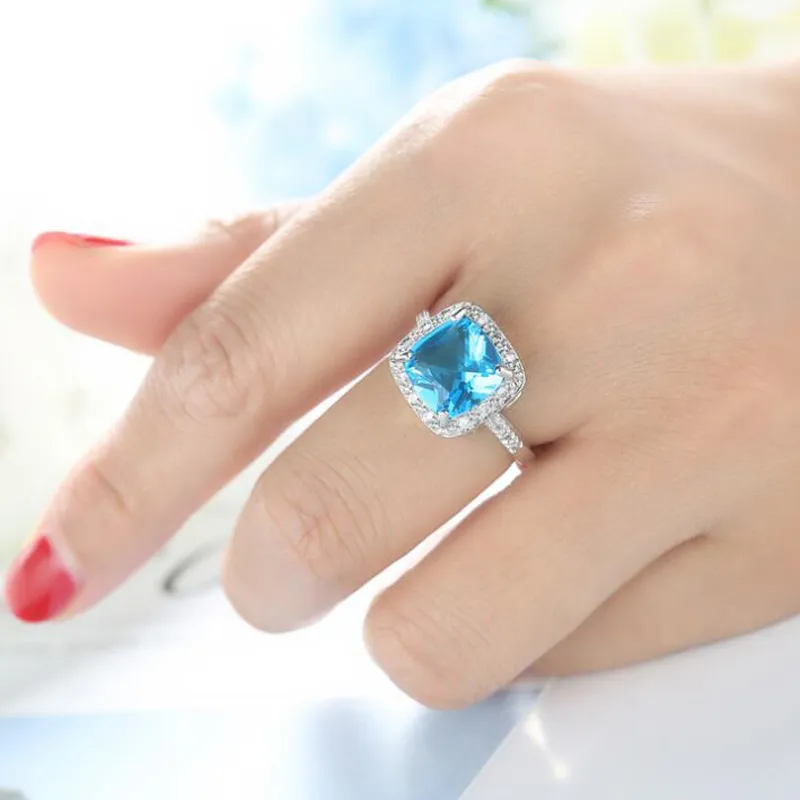 Luckyshien Sky Blue Topaz Gemstone Vintage Square Rings Jewelry 925 Sterling Silver Wedding Rings For Woman Zircon