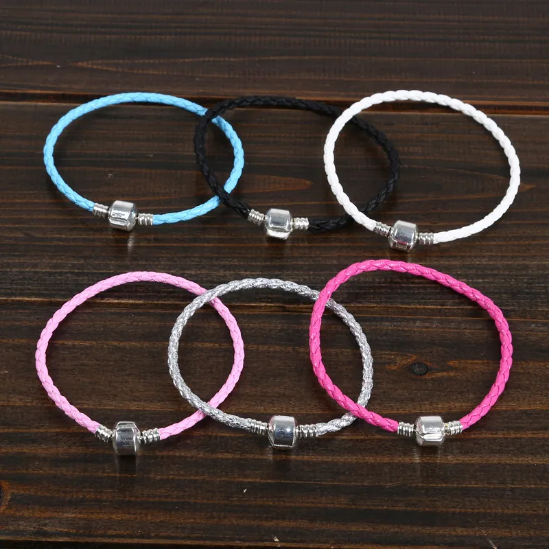 20pcs Women Men PU Leather Bracelet raided Chain Bracelets fit DIY Beads Charm Fashion Spring Clasp Wax Cord rope Wristband Jewelry