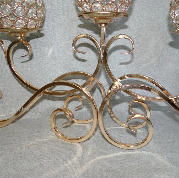 Portavelas de cristal y Metal dorado de 5 cabezales, candelabros de 5 bolas, centro de mesa de boda, candelabro de 5 brazos