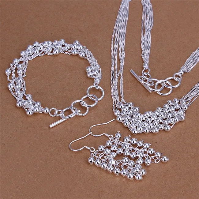 Mooi ontwerp 925 sterling zilver zes-line licht kraal ketting armband oorbellen mode-sieraden set huwelijksgeschenk gratis verzending