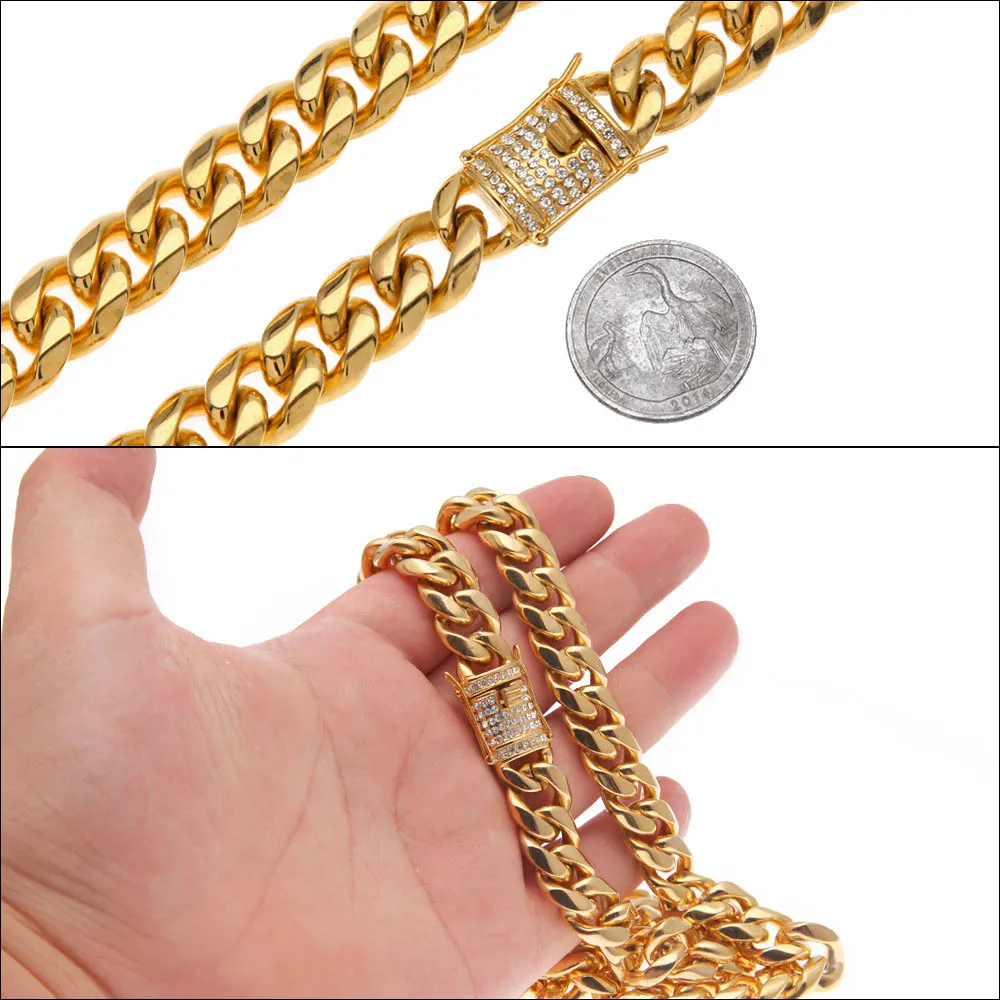 Catena in acciaio inossidabile 316L Placca in oro 18 carati con chiusura a fusione Diamante Curb Collana a maglia cubana Uomo Catene Gioielli 24 