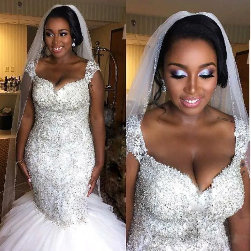 2018 African Nigerian Luxury Plus Size Mermaid Wedding Dresses Sweetheart Cap Sleeves Beaded Crystals Wedding Gowns Ruffles Bridal Dress