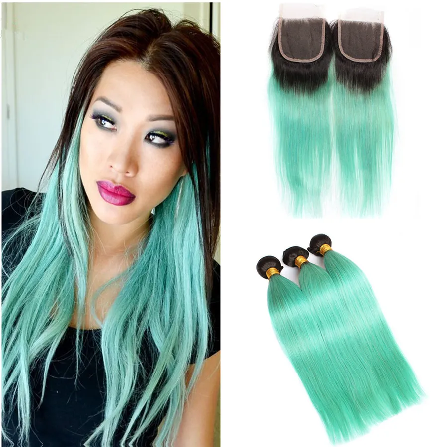 Vert Ombre Cheveux Avec Dentelle Fermeture Soie Droite Deux Tons Humain Brésilien Vierge Cheveux 3Bundles Avec 4 * 4 Top Fermeture Eau Vert Cheveux