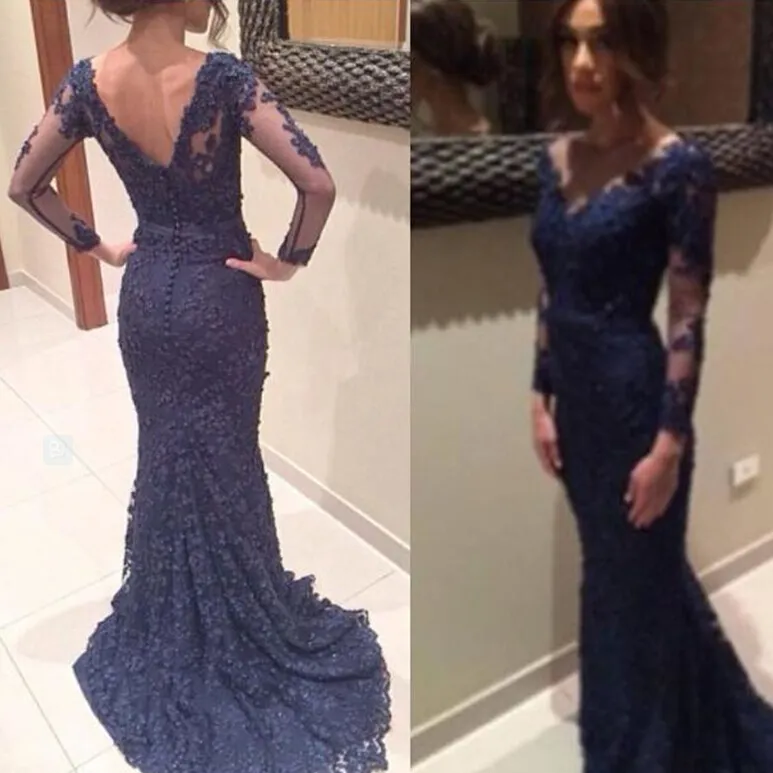 Navy Blue Lace Mermaid evening dresses with sleeves with Illusion Long Sleeves, V-Neck, and Sweep Train - Perfect for Prom, Parties, or Guests