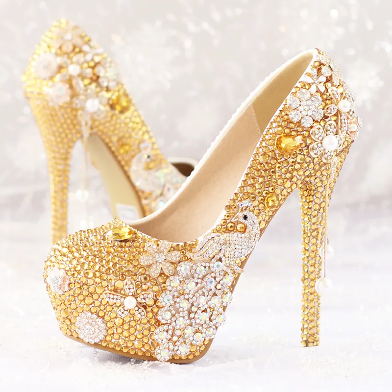 Glitter or strass chaussures de mariage 5 pouces haut talon fête pompes Bling diamant soirée bal talons célébrité fonction chaussures