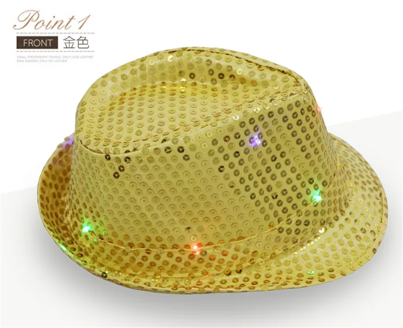 Newest !Fashion Sequins Jazz hats with LED light TOP hats for men & women Sequins Performance cowboy cap props for Christmas party