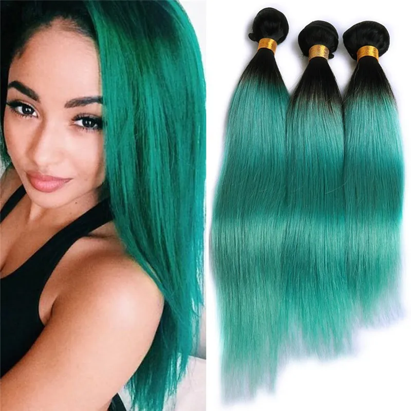 TWEE TONE 1B Donkergroen Ombre Remy Menselijk Haarbundels Groen Gekleurd Braziliaans Maagdelijk Straight Hair 3 Bundels Groene Hair Extensions