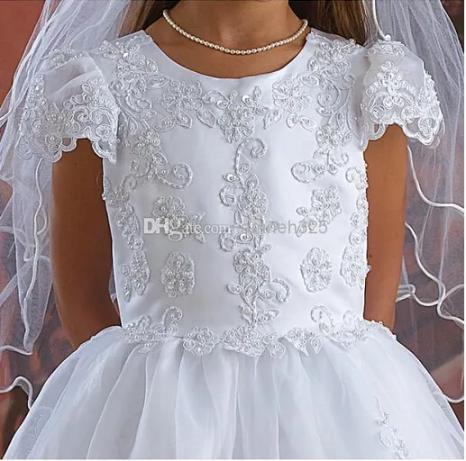 2015 First Communion Dress Flower Girls' Dresses With A-Line Jewel Capped Short Sleeve Bow Sash Appliques Lace Beads Tea-Length Sku