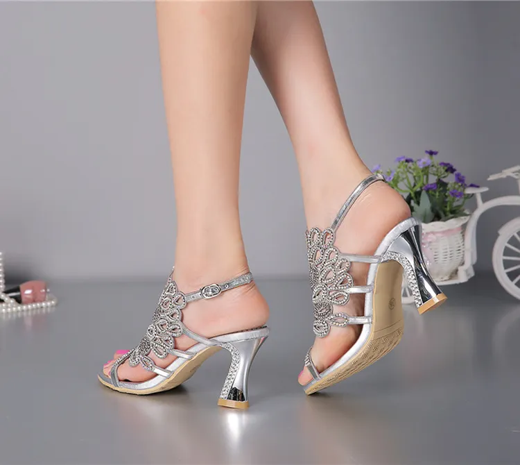 Summer New Sandals Chunky Heel Floral Silver Wedding Dress Shoes Rhinestone Luxurious Genuine Leather Prom Party High Heels