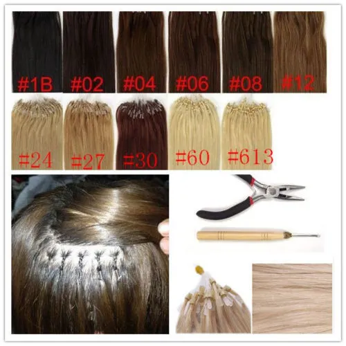 Lummy Silicone Micro Rings Loop Hair Extensions 16 "-24" Indian Remy Menselijk Haar 1G / S 100s / Pack Silk Straight