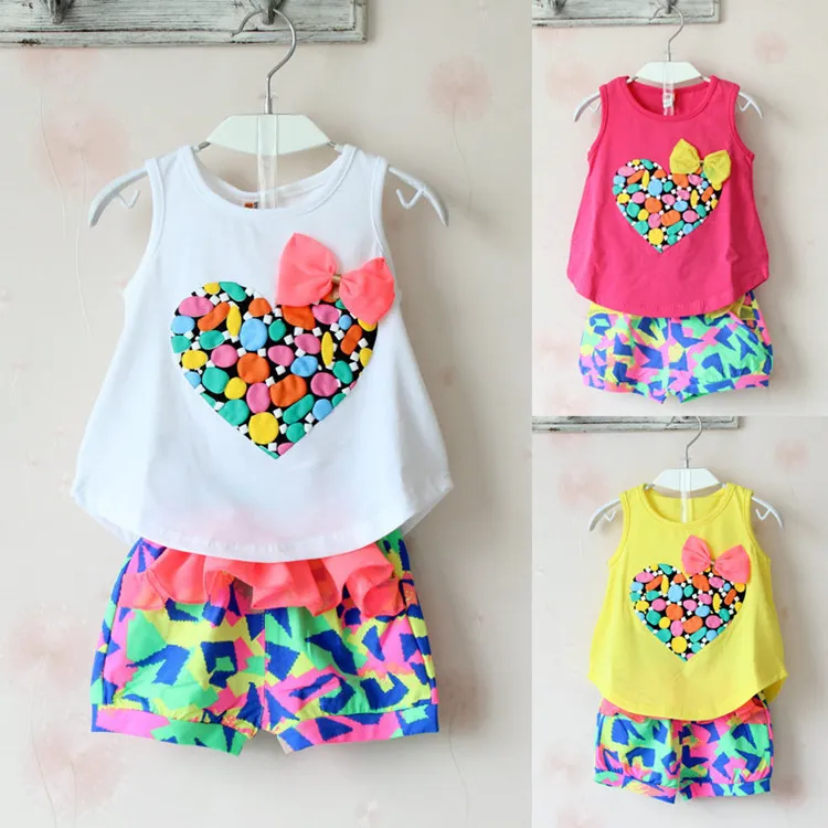 Roupas de bebê menina colete forma do coração + bermudas coloridas 2 pcs bebê meninas roupas set verão bebês outfit Camuflagem da menina ternos da forma